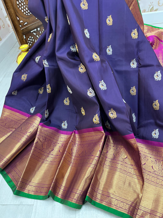 Navy Blue Gadwal Saree, adorned with intricate peacock motifs